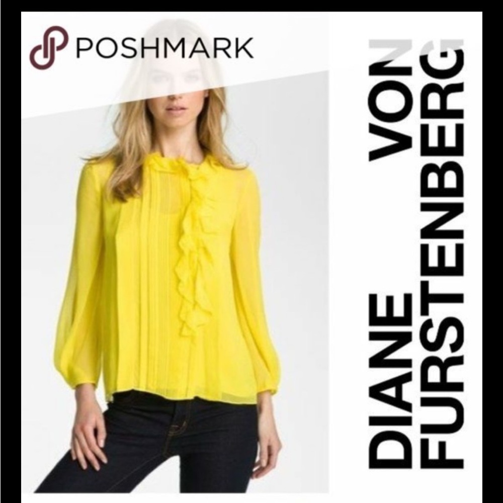 DIANE VON FURSTENBERG SILK CHIFFON KELLY BLOUSE TOP ROUND NECK RUFFLES NWOT 8